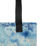 Detail shot of Blue Ocean Tote Bag handle showing durable quality and neat finish – a practical and stylish art tote bag for everyday use, beach days, or as a coastal-inspired shopping bag.