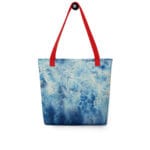Ocean-inspired tote bag with red handles and vivid abstract sea print – stylish and colorful accessory for beach lovers, watercolor art fans, and creative everyday outfits.