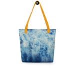 Blue Ocean Tote Bag with yellow handles and vibrant watercolor ocean design – bright and bold coastal accessory for shopping, seaside adventures, or a fun summer fashion statement.