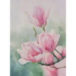Pink Magnolias original watercolor painting featuring delicate magnolia blossoms in soft pink hues against a dreamy green background.