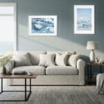Seaside-inspired living room with Blue Ocean Whisper watercolor wall art, modern blue abstract ocean painting perfect for beach interiors.