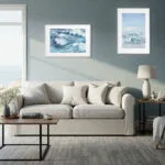 Seaside-inspired living room with Blue Ocean Whisper watercolor wall art, modern blue abstract ocean painting perfect for beach interiors.