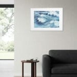 Modern interior with Blue Ocean Whisper ocean print on wall, contemporary seascape artwork in watercolor for minimalist coastal home or stylish ocean-themed space.