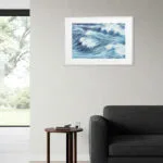 Modern interior with Blue Ocean Whisper ocean print on wall, contemporary seascape artwork in watercolor for minimalist coastal home or stylish ocean-themed space.