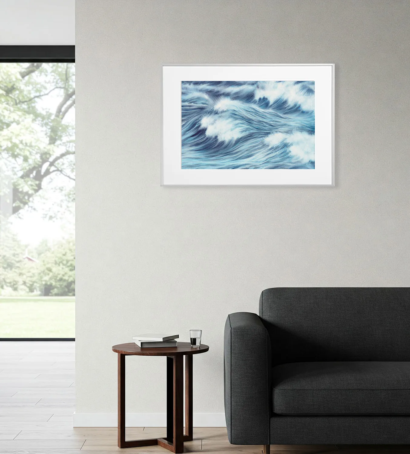 Modern interior with Blue Ocean Whisper ocean print on wall, contemporary seascape artwork in watercolor for minimalist coastal home or stylish ocean-themed space.
