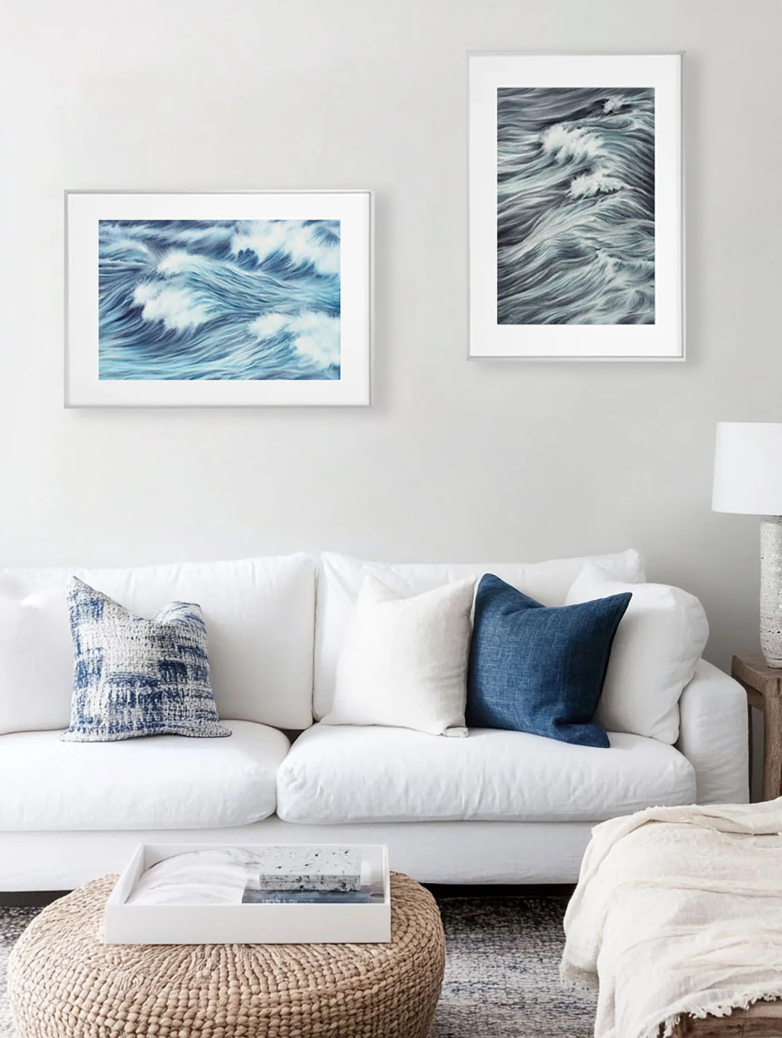Ocean-themed living room with Blue Ocean Whisper wall art, blue abstract wave print bringing freshness and beach calm to home.