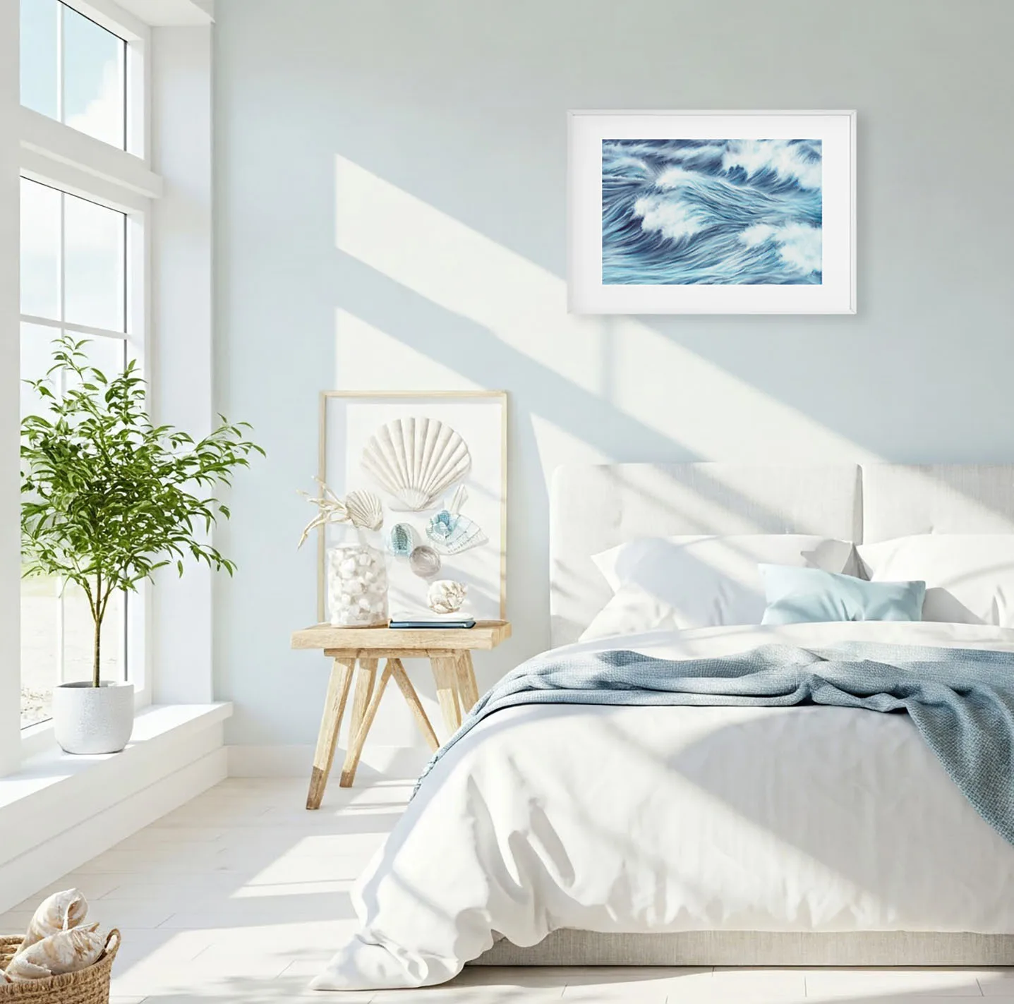 Bright bedroom with ocean wave print Blue Ocean Whisper, abstract blue seascape enhancing beach-style interiors with relaxing energy.