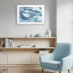 Scandinavian coastal living room with Blue Ocean Whisper wave painting, abstract watercolor print perfect for clean and tranquil home decor.