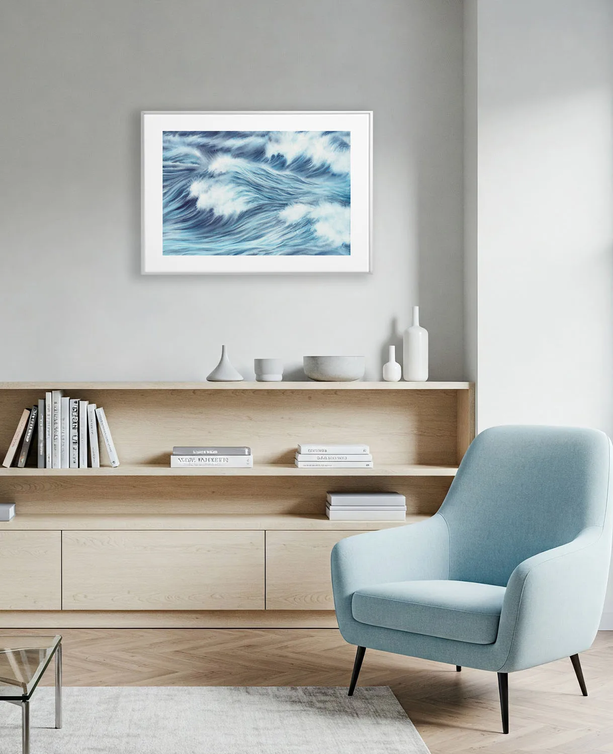 Scandinavian coastal living room with Blue Ocean Whisper wave painting, abstract watercolor print perfect for clean and tranquil home decor.