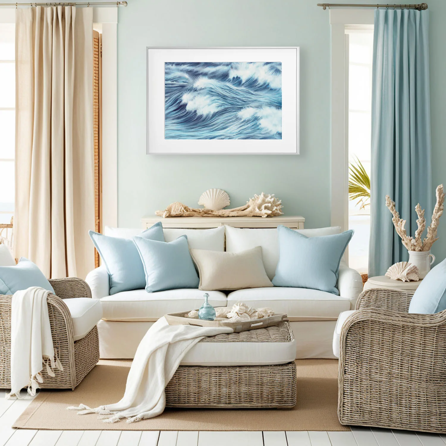 Coastal living room with Blue Ocean Whisper seascape print, elegant ocean wave painting enhancing nautical decor, perfect for beach-style interiors.