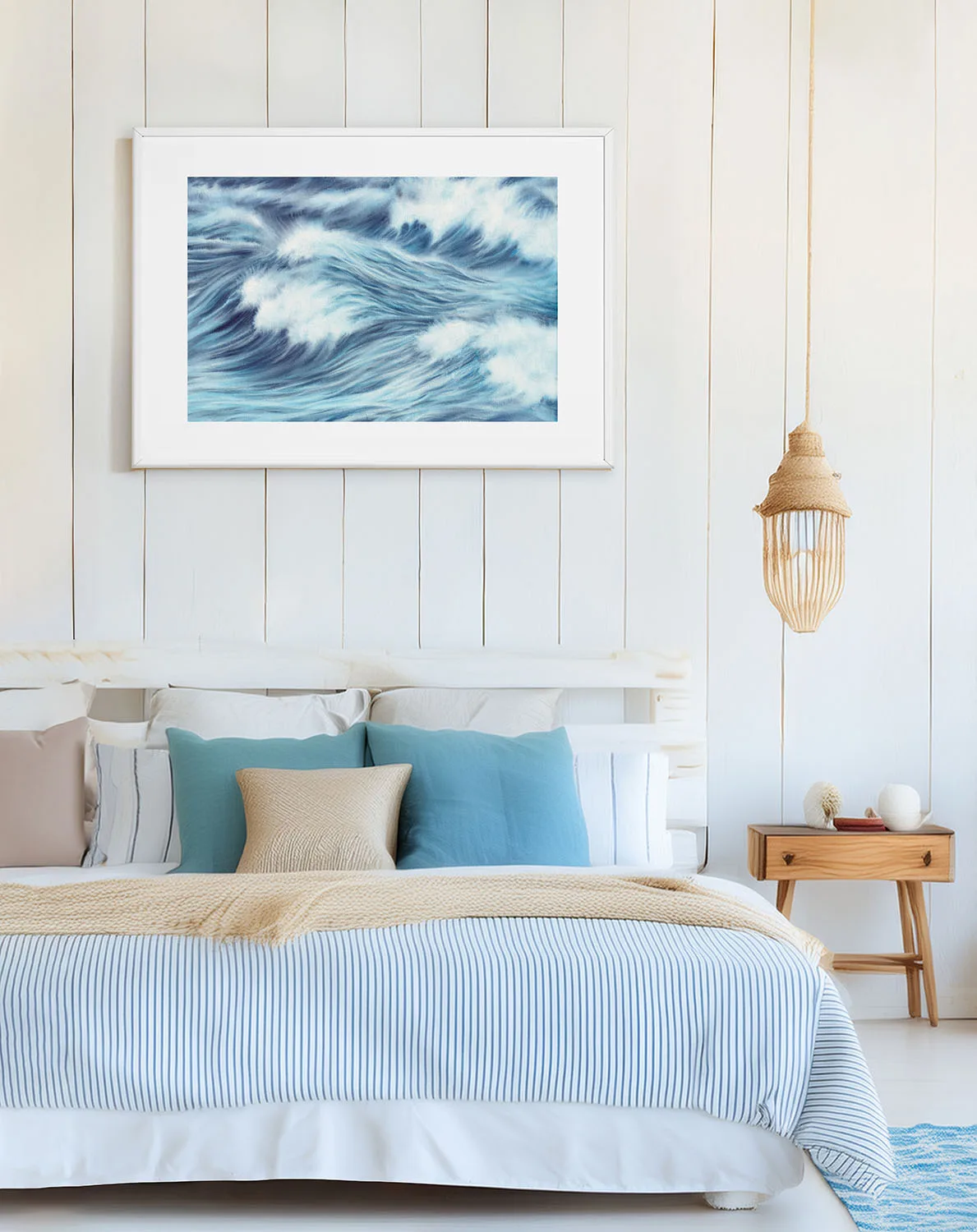 Blue Ocean Whisper framed ocean art above bed, soft wave watercolor painting adding calm marine atmosphere to coastal bedroom decor.