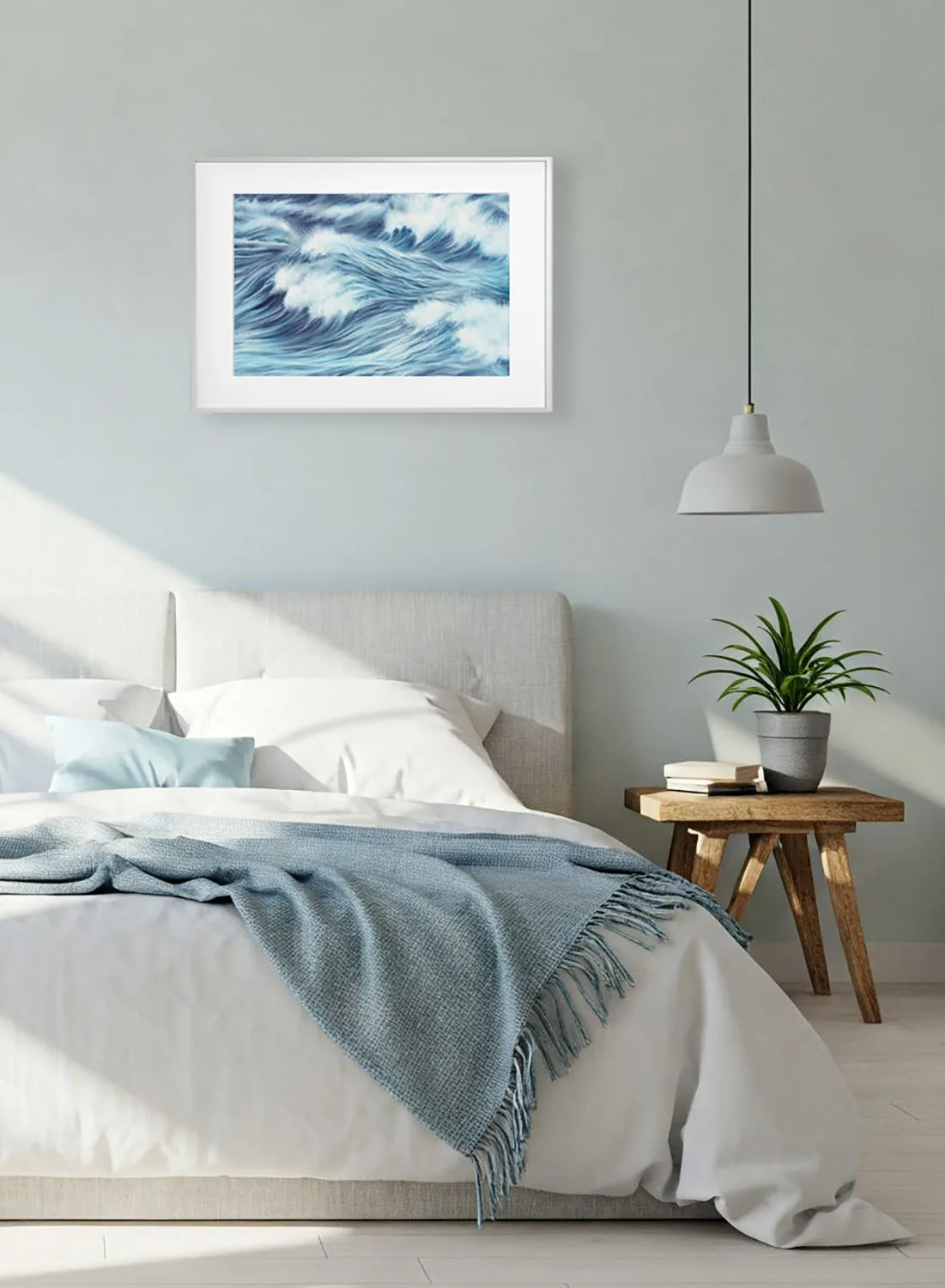 Minimalist bedroom with Blue Ocean Whisper watercolor ocean artwork, fine art print in soft blue tones ideal for tranquil sleep space.
