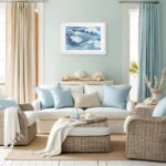 Blue Ocean Whisper print in blue-themed coastal living room, abstract seascape art adding harmony and oceanic elegance.