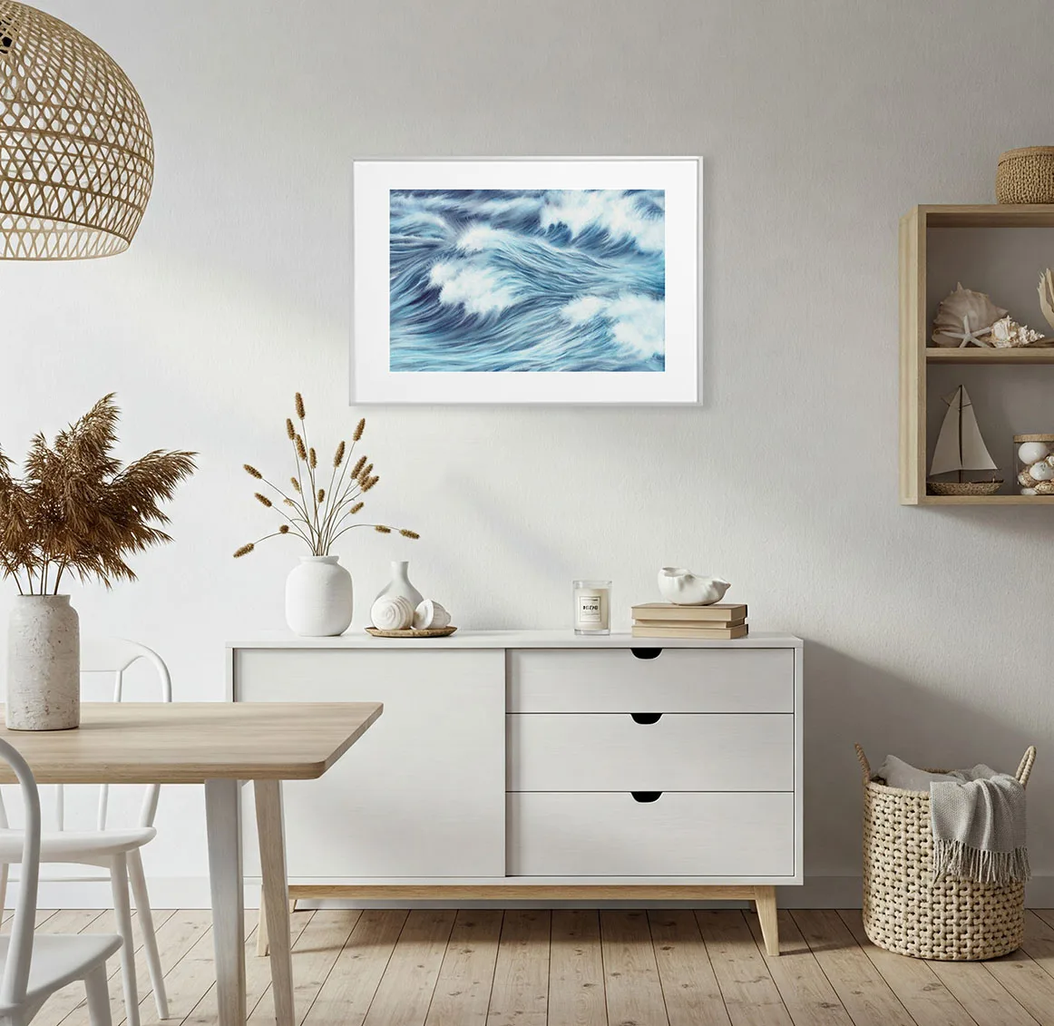Nautical dining room decorated with Blue Ocean Whisper seascape art, modern ocean painting enhancing beach house wall decor.