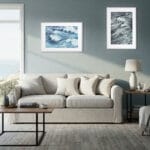 Minimalist neutral-toned living room featuring Blue Ocean Whisper seascape print, contemporary beach wall art for relaxing ocean atmosphere.