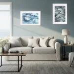Minimalist neutral-toned living room featuring Blue Ocean Whisper seascape print, contemporary beach wall art for relaxing ocean atmosphere.