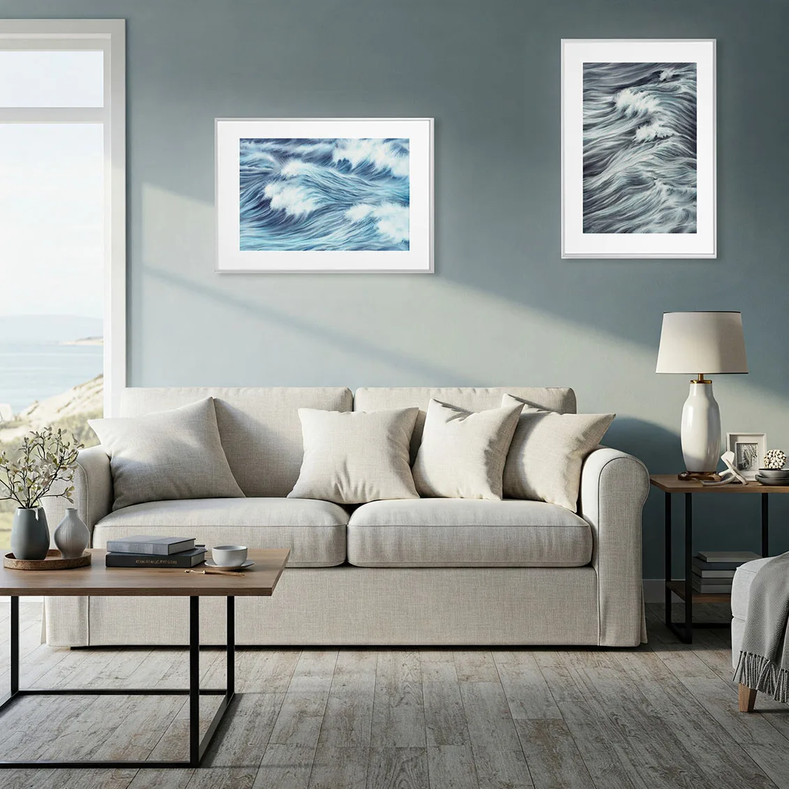 Minimalist neutral-toned living room featuring Blue Ocean Whisper seascape print, contemporary beach wall art for relaxing ocean atmosphere.