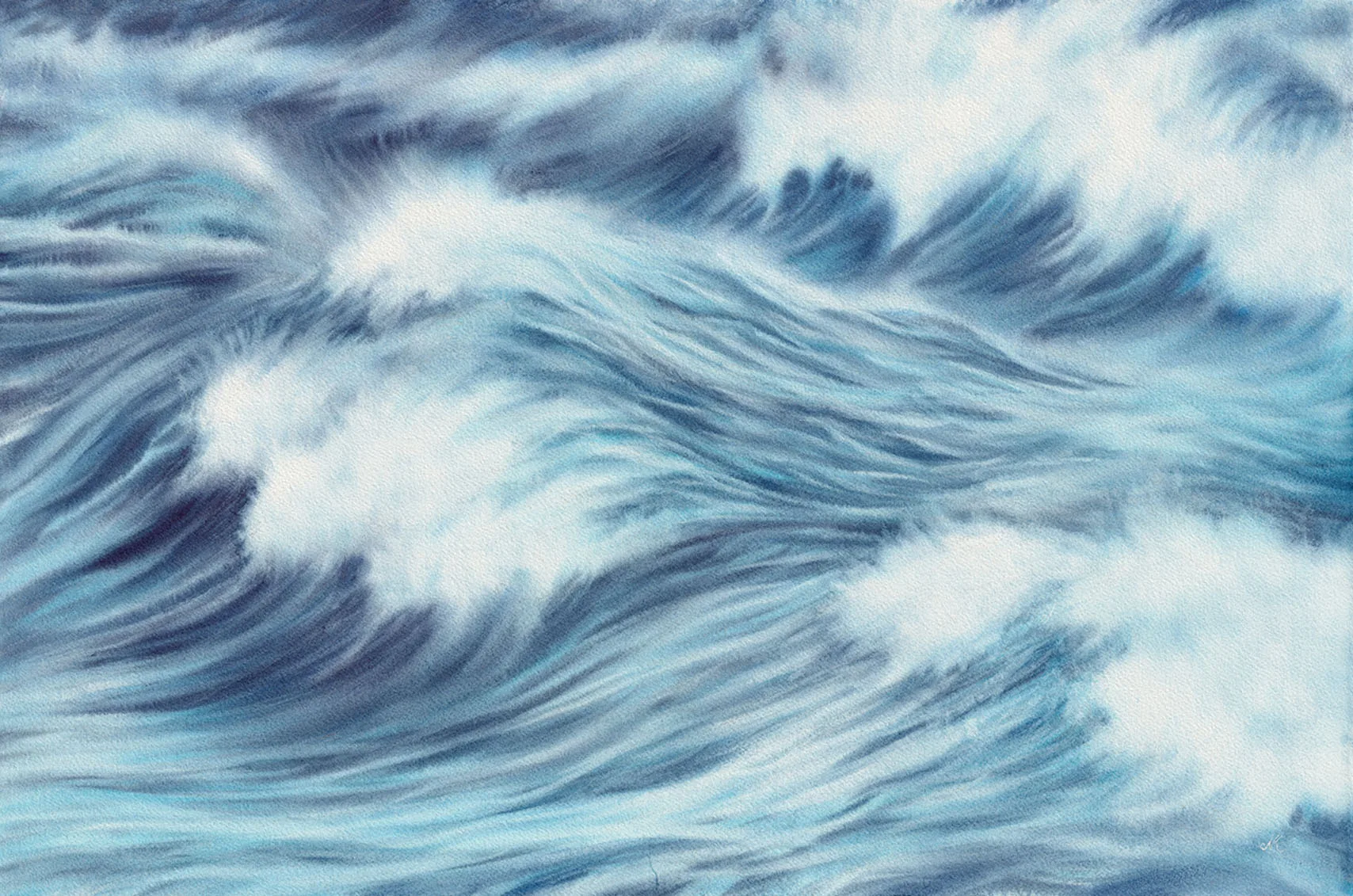 Fine art print of "Blue Ocean Whisper" by Kateryna Nazarenko, ocean wave watercolor painting with soft blue tones and seafoam details, abstract seascape wall art for coastal decor lovers.