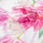 Detailed view of pink tulip petals in Dancing Tulips watercolor painting, highlighting soft color transitions and fluid brushstrokes.