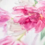 Detailed view of pink tulip petals in Dancing Tulips watercolor painting, highlighting soft color transitions and fluid brushstrokes.