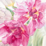 Intricate details of tulip stems and leaves in Dancing Tulips, showcasing the graceful interplay of soft greens and warm pink hues.