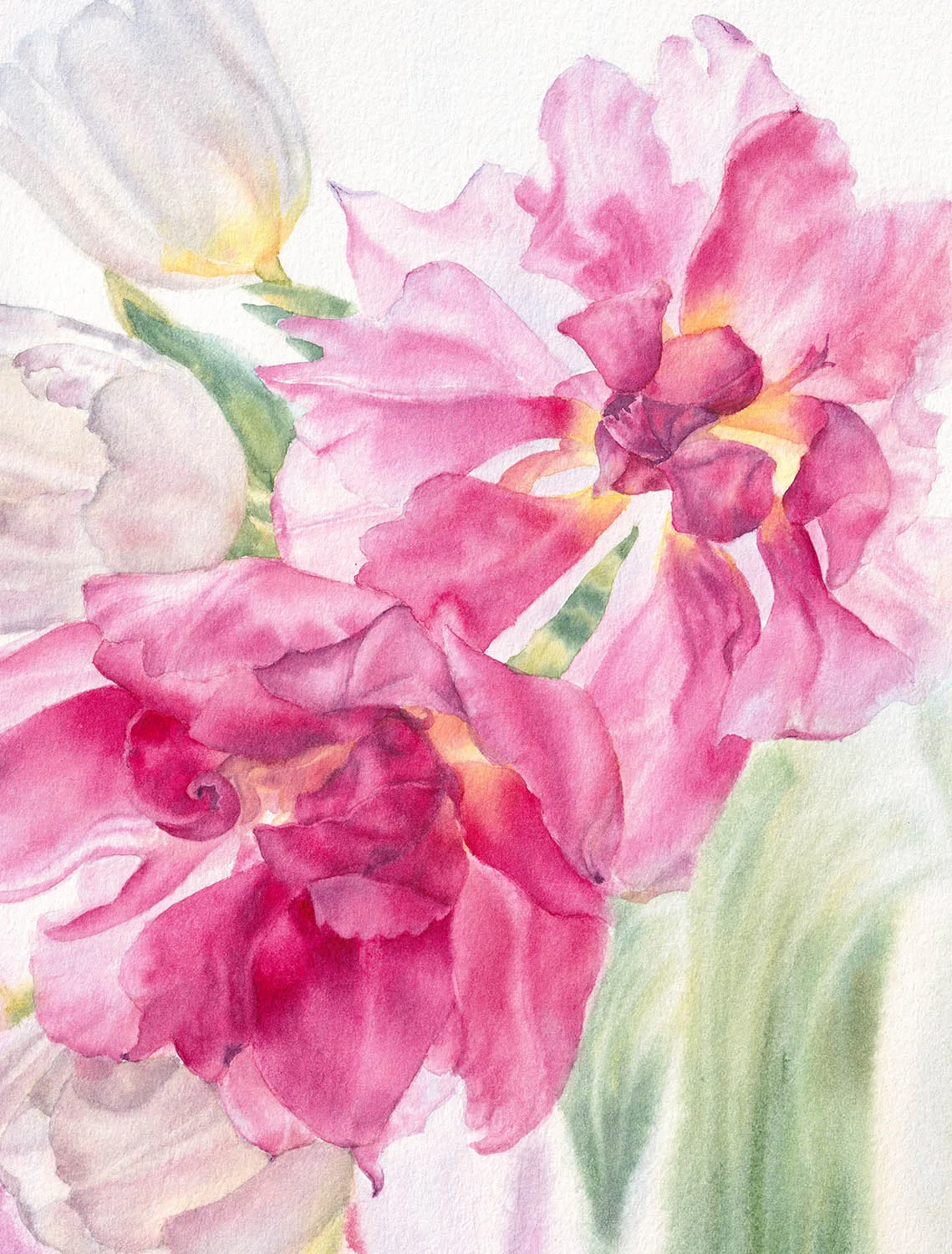 Intricate details of tulip stems and leaves in Dancing Tulips, showcasing the graceful interplay of soft greens and warm pink hues.
