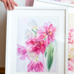 Dancing Tulips watercolor painting beautifully framed, enhancing the soft pink tulip flowers and airy watercolor style.