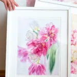 Dancing Tulips watercolor painting beautifully framed, enhancing the soft pink tulip flowers and airy watercolor style.