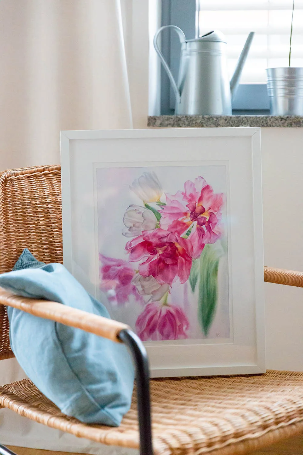 Dancing Tulips floral painting displayed in a cozy room, adding a soft and romantic botanical accent to the decor.
