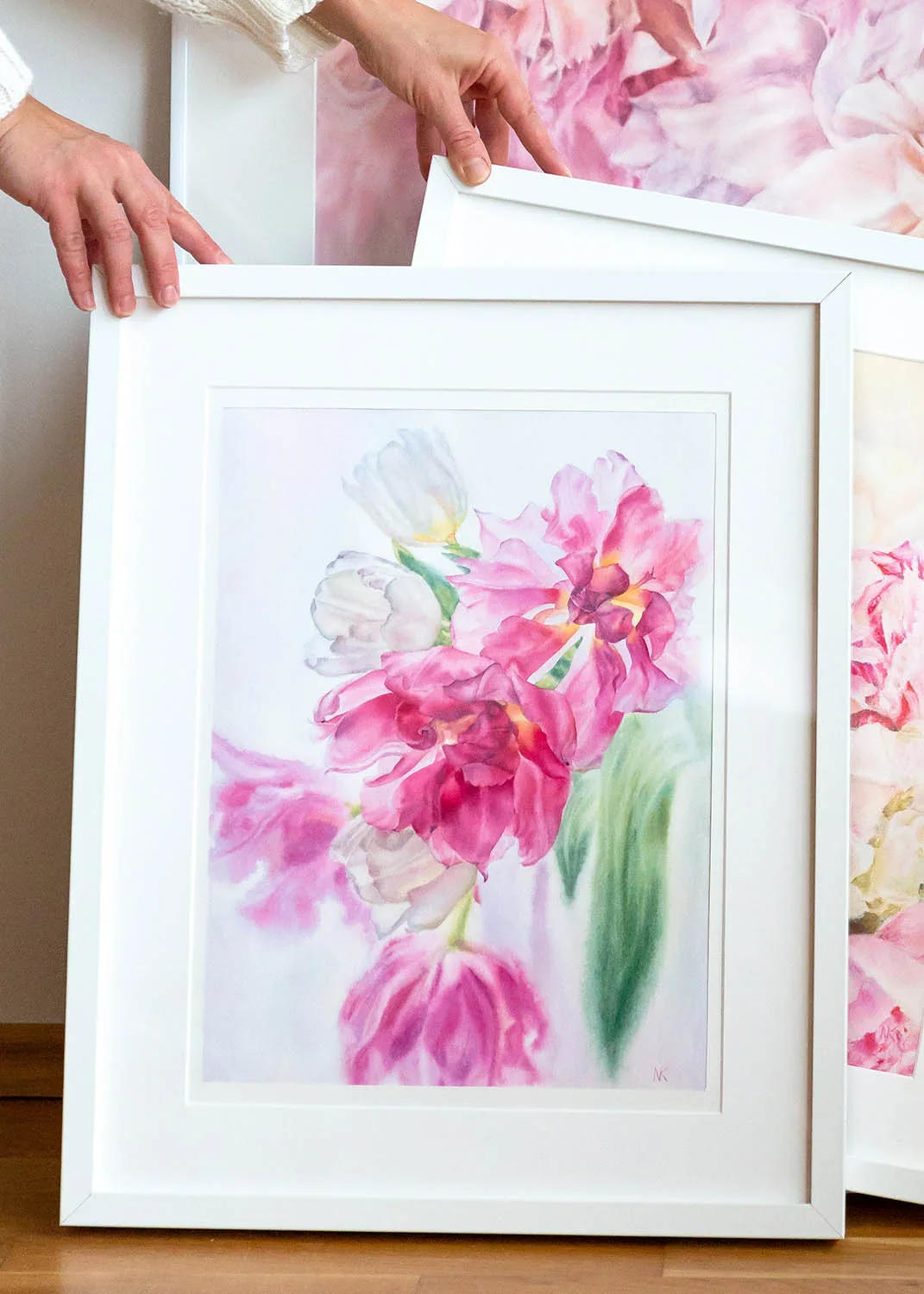 Dancing Tulips watercolor painting beautifully framed, enhancing the soft pink tulip flowers and airy watercolor style.