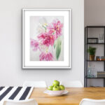 Dancing Tulips watercolor painting in a dining space, bringing an elegant floral touch to the interior.