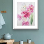 Dancing Tulips framed artwork in a bright kitchen, adding fresh spring vibes and floral beauty to the space.