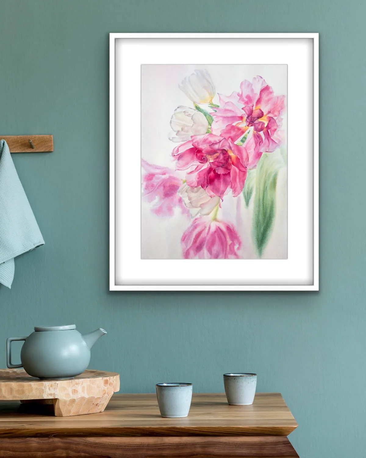 Dancing Tulips framed artwork in a bright kitchen, adding fresh spring vibes and floral beauty to the space.