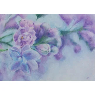 Soft pastel floral painting of blooming lilac flowers in shades of lavender, violet, and pale blue, evoking a dreamy spring atmosphere.
