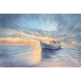 Morning Solitude fine art print — tranquil sunrise ocean watercolor painting featuring a lone boat on calm water, soft blue, grey, and golden tones, peaceful coastal seascape artwork, perfect for serene decor, nature lovers, and minimalist interiors.