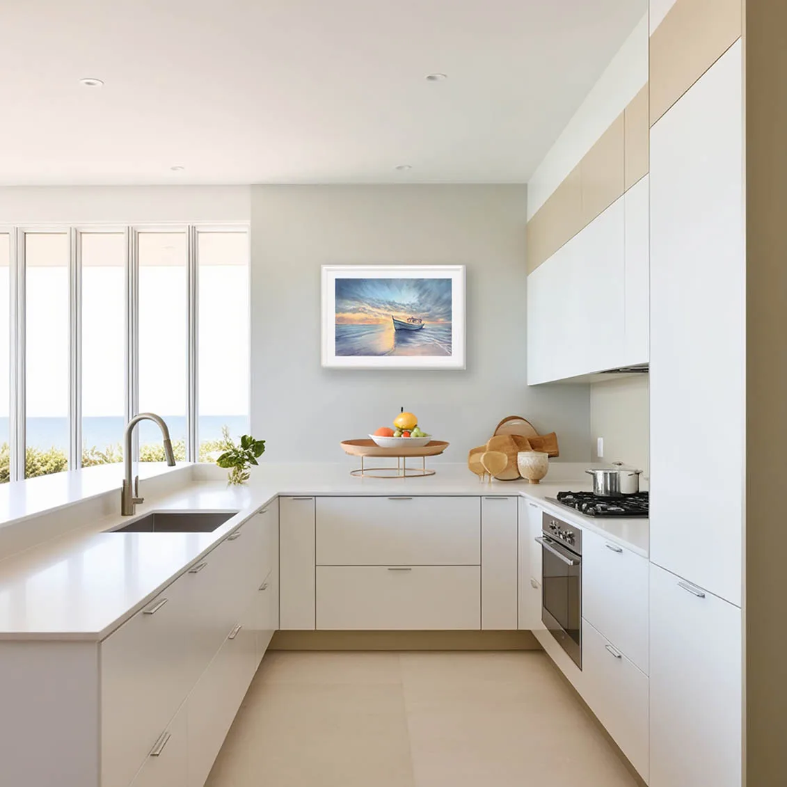 Watercolor sunrise seascape print Morning Solitude bringing peaceful coastal vibes into a kitchen with nature-inspired wall art and ocean decor.