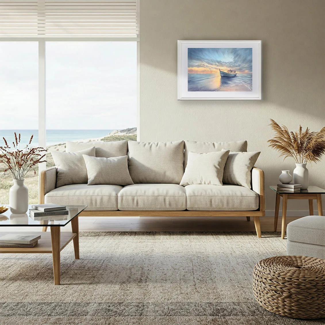 Framed watercolor print Morning Solitude in a modern living room, showing a serene sunrise seascape with soft blues, oranges, and ocean reflections.