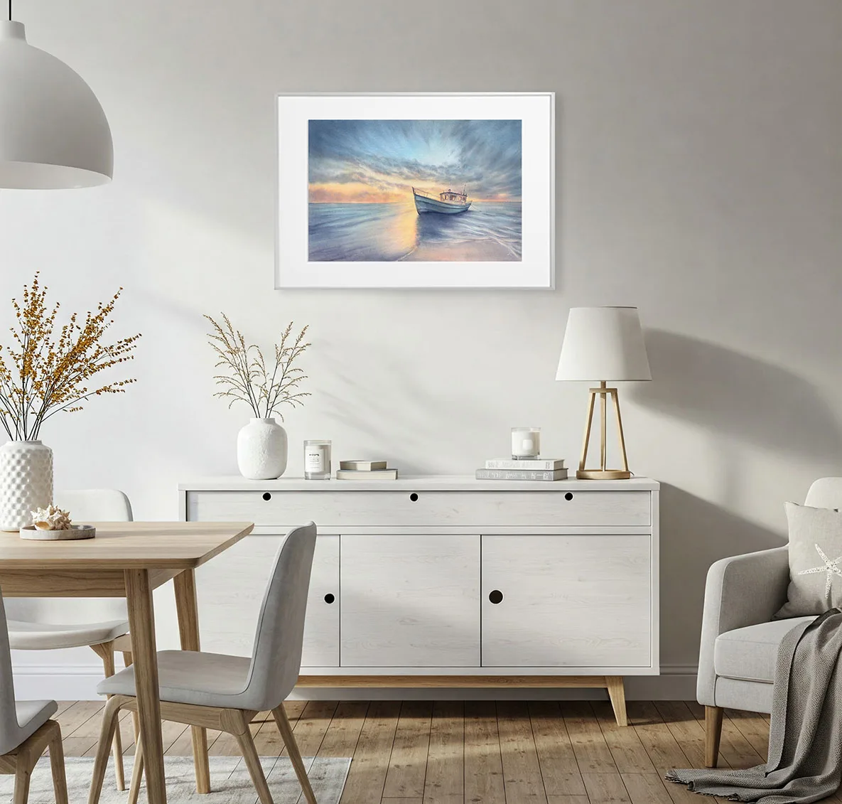 Tranquil watercolor painting print Morning Solitude with boat and ocean at dawn, enhancing a coastal living room with calming sea tones and beach house style.