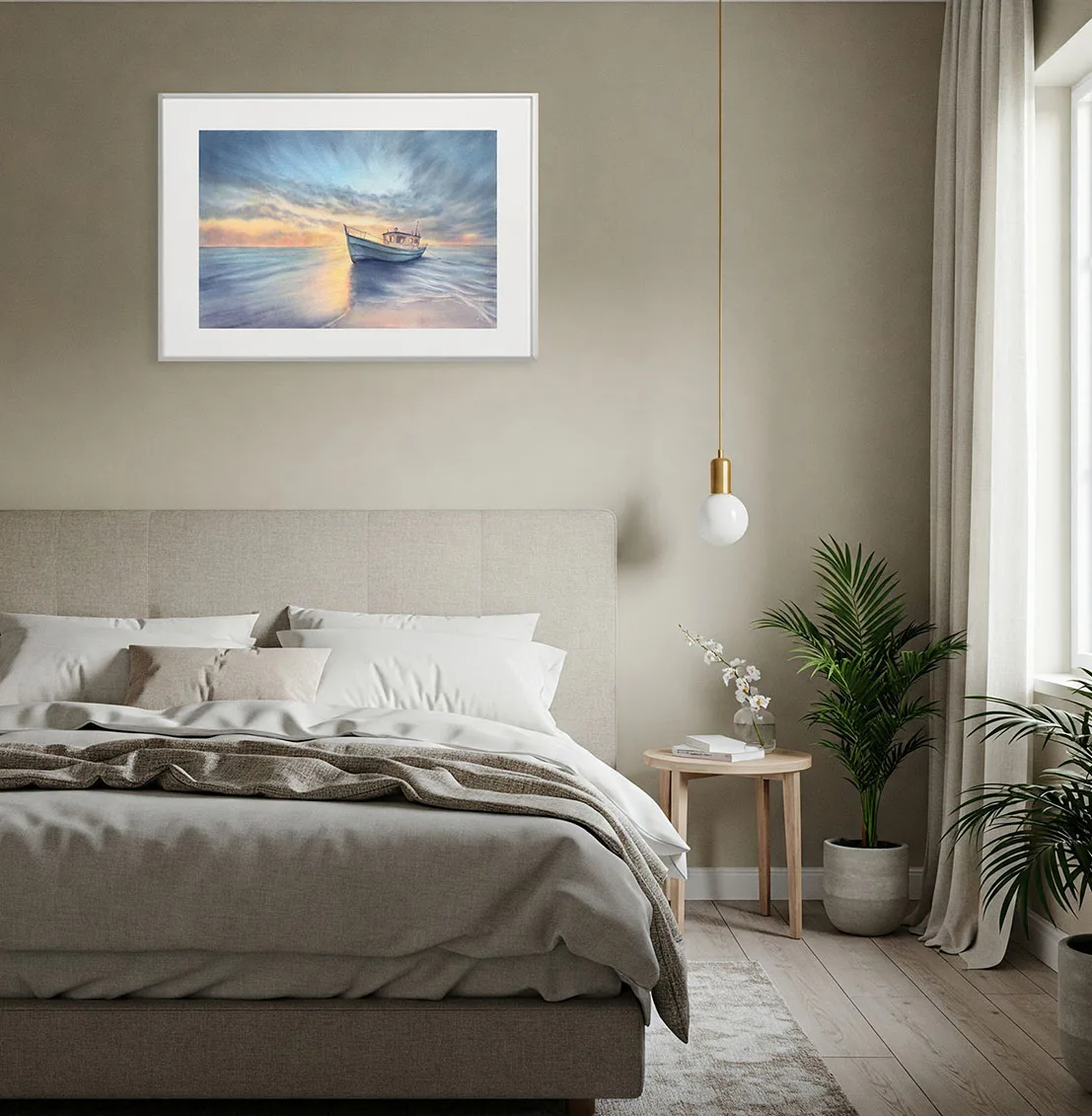 Modern bedroom interior featuring Morning Solitude seascape print, a calming watercolor painting of ocean, boat, and sunrise, perfect for minimalist nature-themed decor.