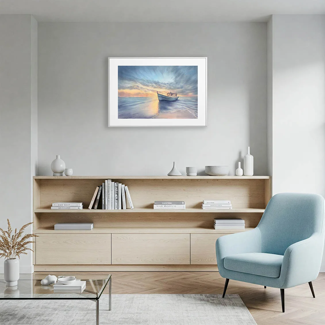 Contemporary living room decor with framed Morning Solitude watercolor print, a tranquil ocean sunrise scene with soft colors and gentle coastal tones.