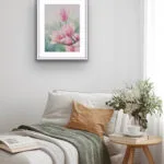 Pink Magnolias floral painting in a peaceful bedroom setting, enhancing the soft and romantic decor.