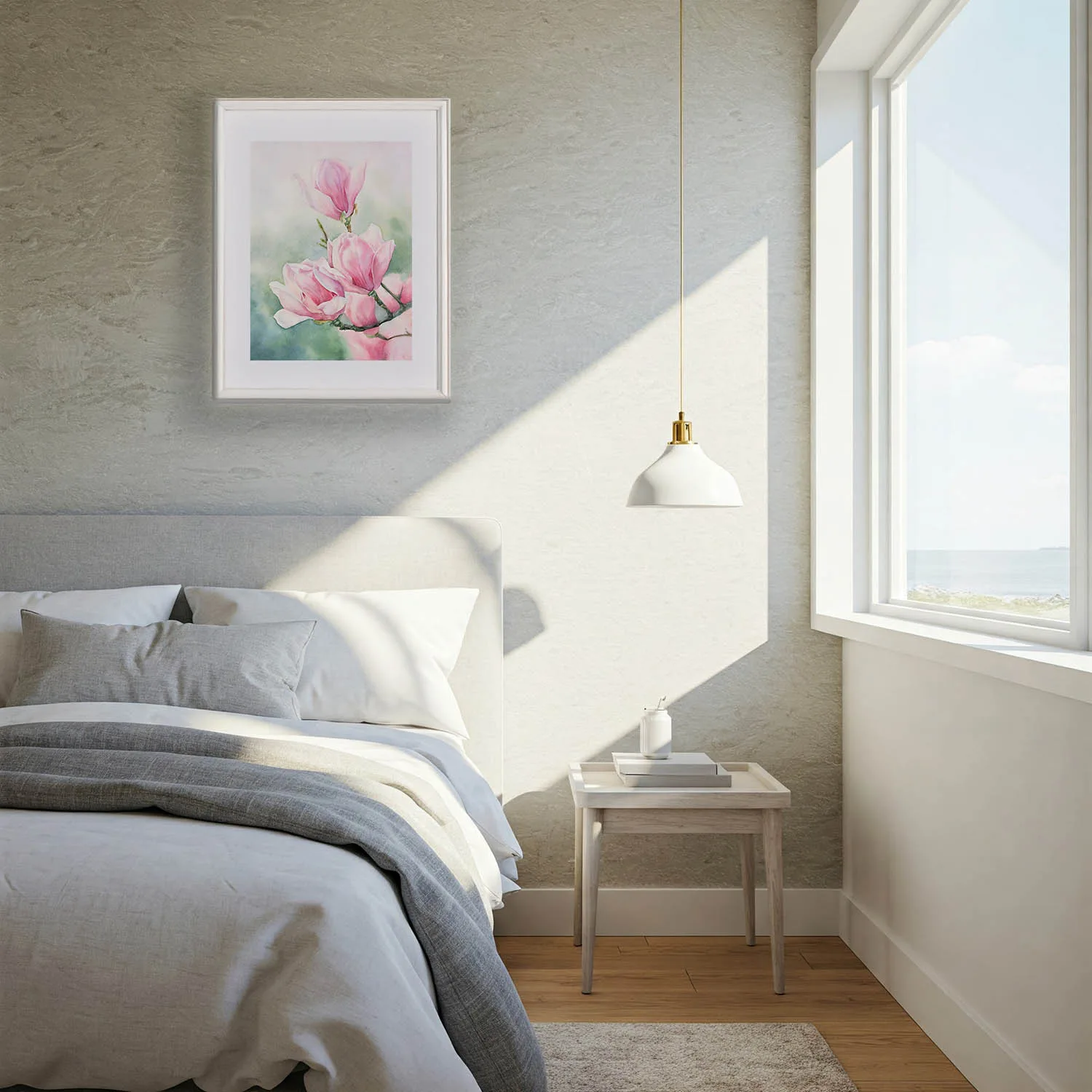 Pink Magnolias watercolor painting bringing soft floral elegance to a bedroom, creating a peaceful and romantic ambiance.