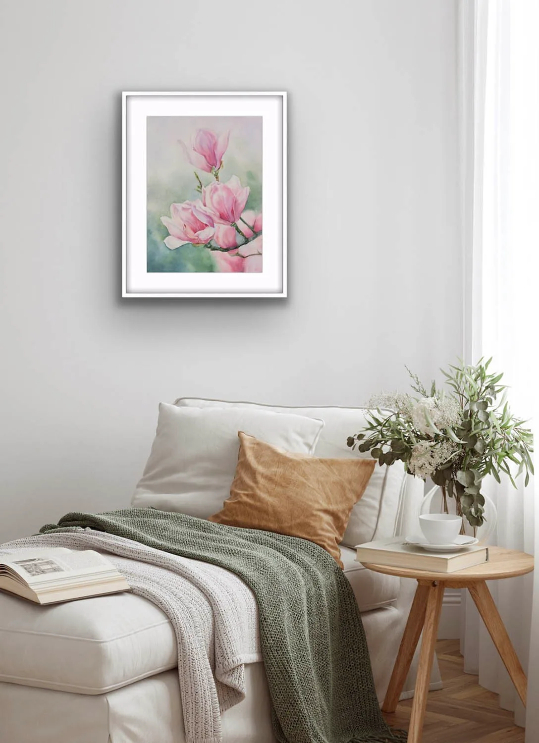 Pink Magnolias floral painting in a peaceful bedroom setting, enhancing the soft and romantic decor.