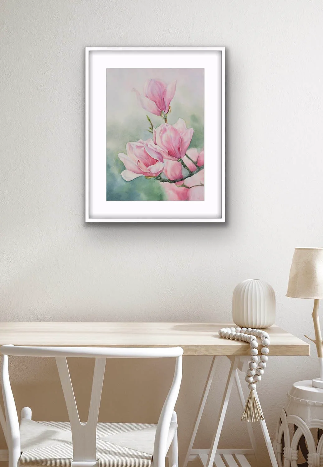 Pink Magnolias displayed in a home office, bringing a calming and nature-inspired element to the workspace.