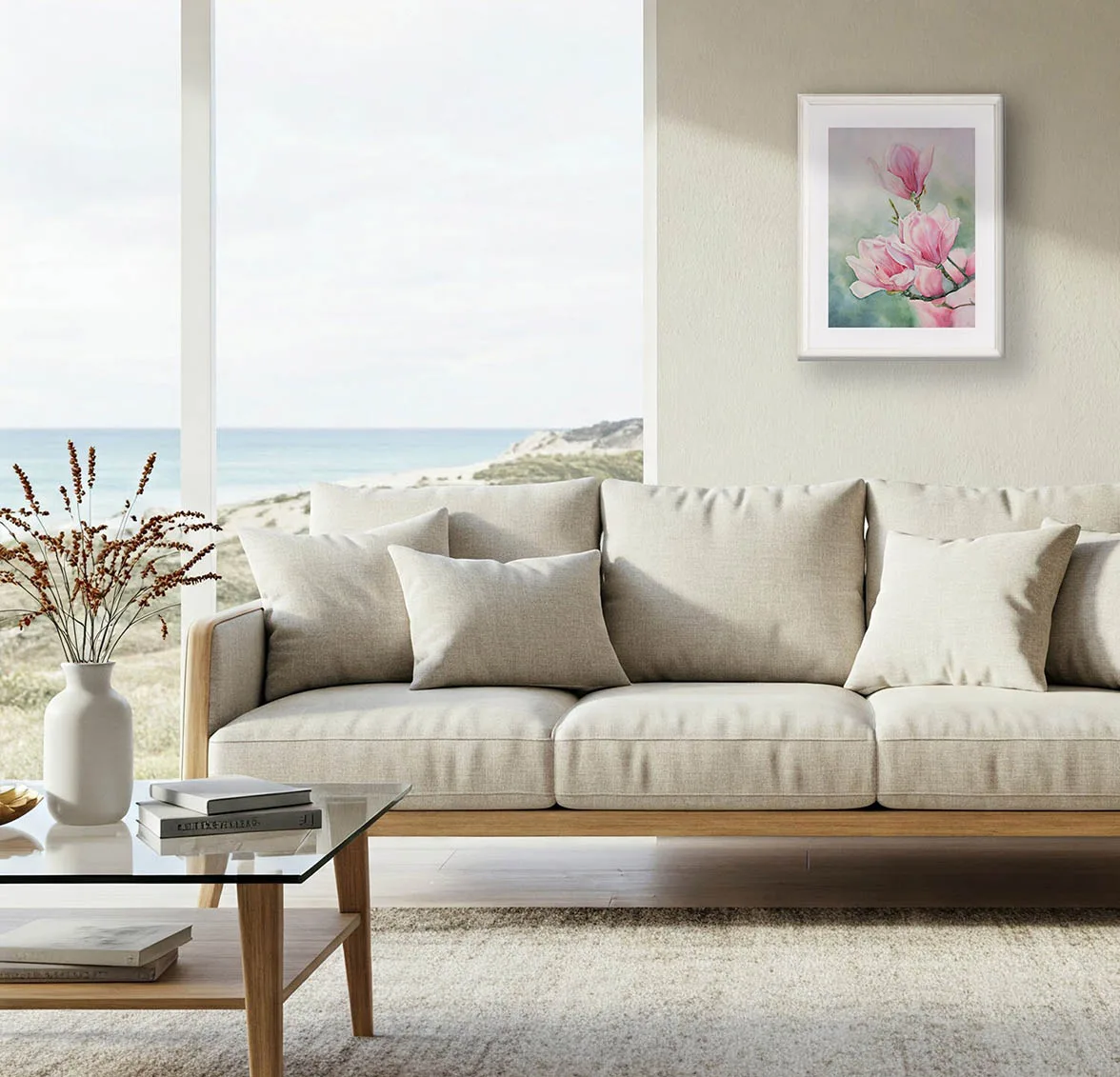 Pink Magnolias framed artwork adding a delicate botanical accent to a stylish living room decor.