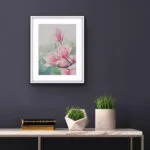 Pink Magnolias floral artwork displayed in a contemporary interior, adding a soft and sophisticated botanical touch.