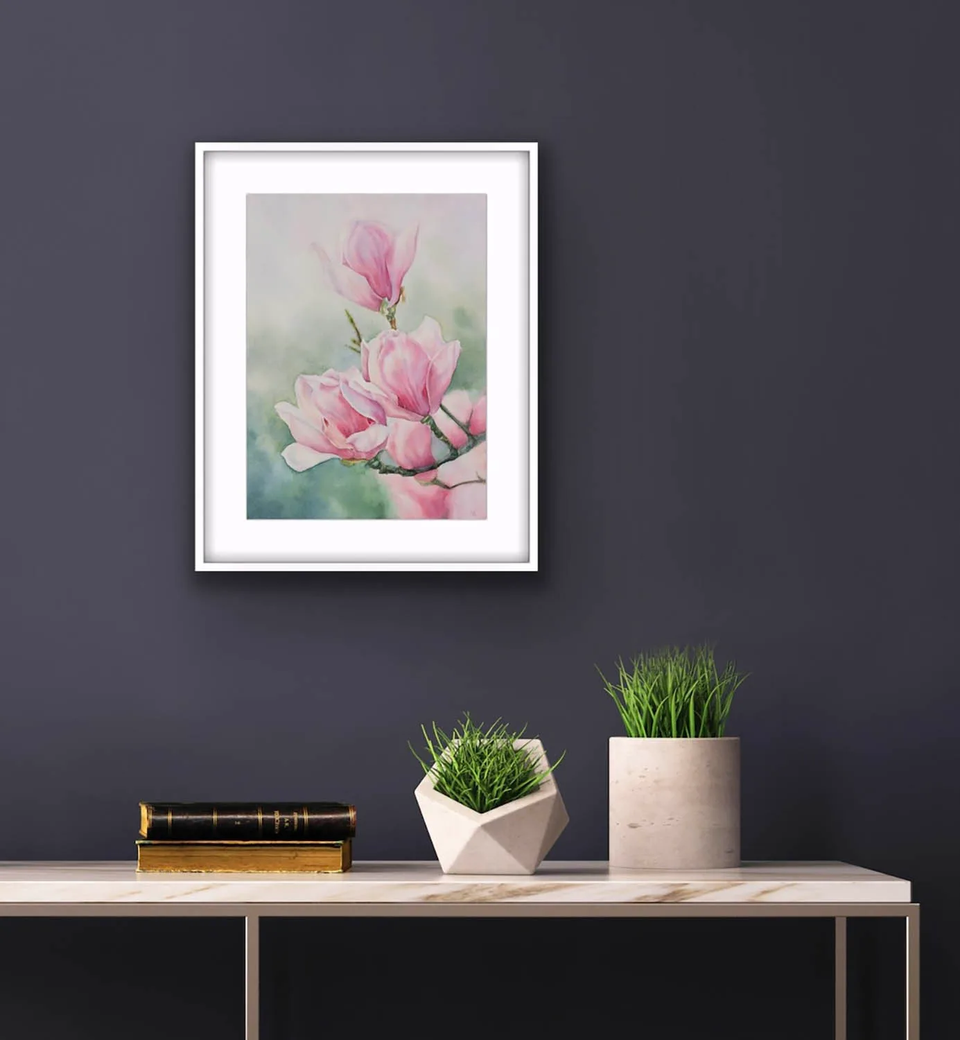 Pink Magnolias floral artwork displayed in a contemporary interior, adding a soft and sophisticated botanical touch.