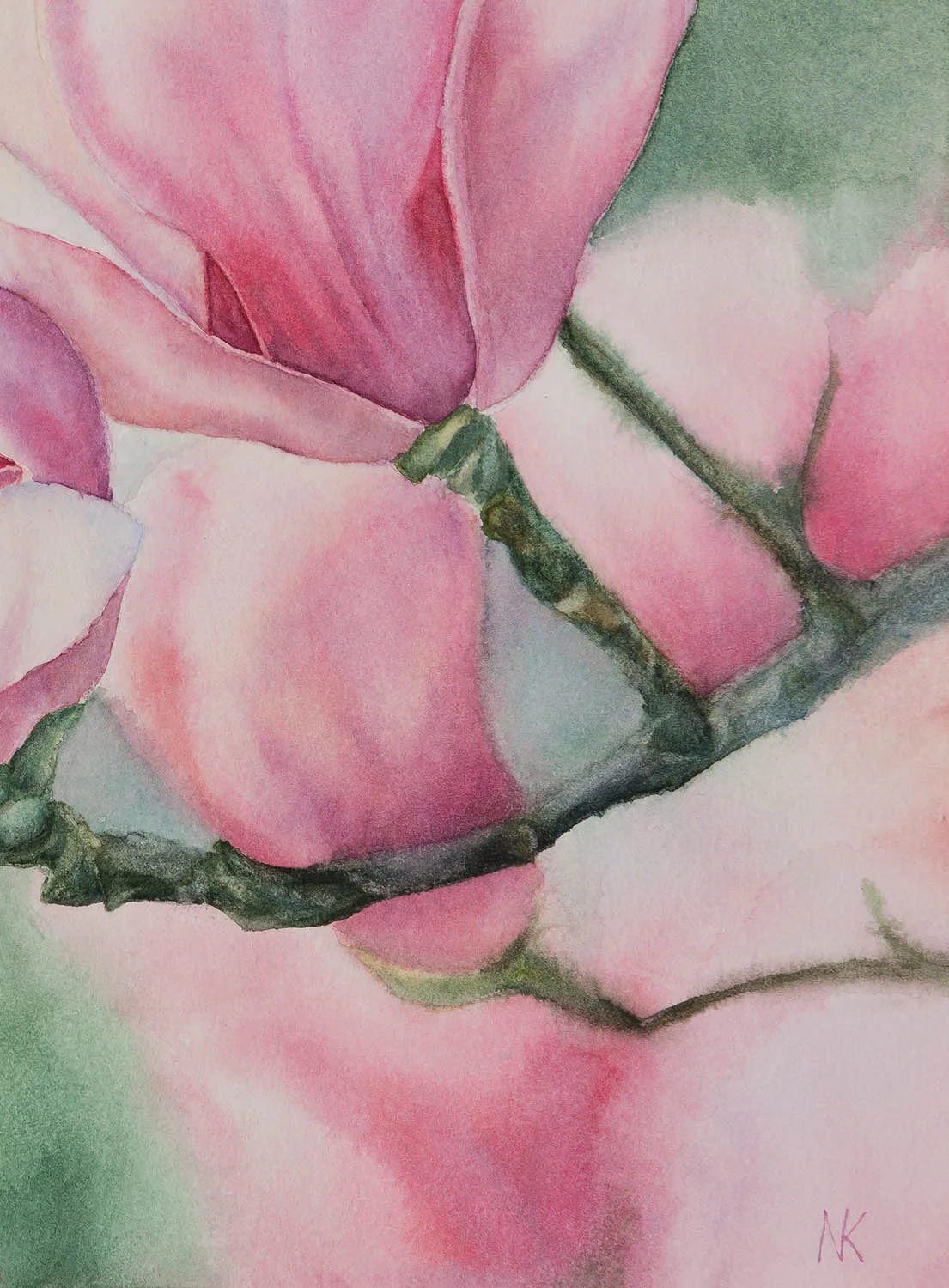Kateryna Nazarenko’s signature on Pink Magnolias watercolor painting, marking it as an original floral artwork.