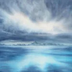 "Where Storm Meets Light" original watercolor painting depicting a stormy blue ocean with waves and golden light breaking through clouds. A dramatic and atmospheric seascape artwork in marine tones, capturing the contrast of nature’s power and serenity.