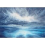Where Storm Meets Light fine art print — dramatic ocean waves watercolor painting with stormy sea and radiant sky, atmospheric seascape wall art in blue, grey, and golden tones, original coastal decor for nature and ocean lovers.